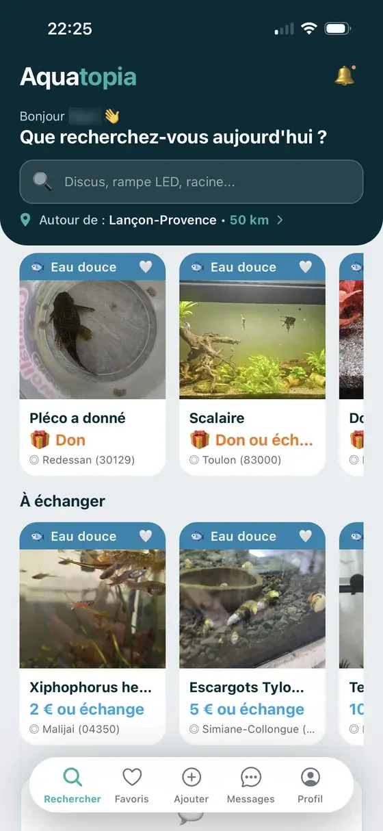 Application Aquatopia : annonces d'aquariophilie à donner et à échanger près de chez soi, poissons, plantes et matériel d'aquarium