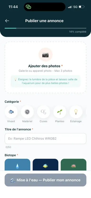 Publier une annonce d'occasion sur Aquatopia - vente de poissons, plantes, éclairage LED et matériel d'aquarium